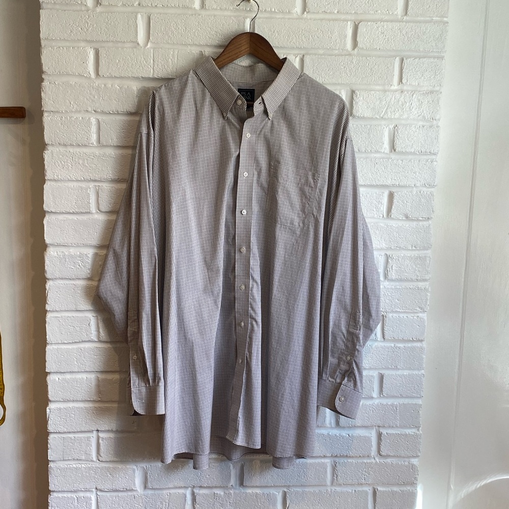 JOS A BANK traveler dress shirt size 19-35 square check pattern cream brown EUC